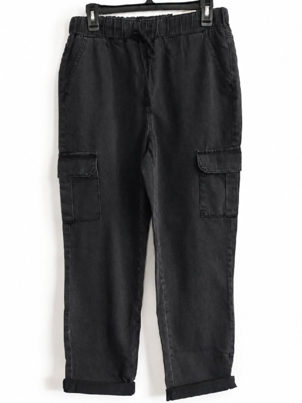 Size 9 Charcoal Washed Cargo Pants Elastic Waist Drawstring Cuffed Jogger